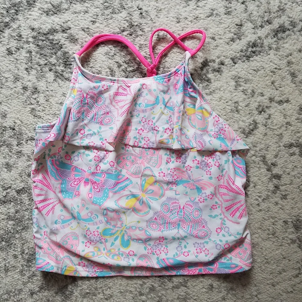 Children's Place Pink/White Kids Butterfly Tankini Set 3 Piece Girls Large 10/12